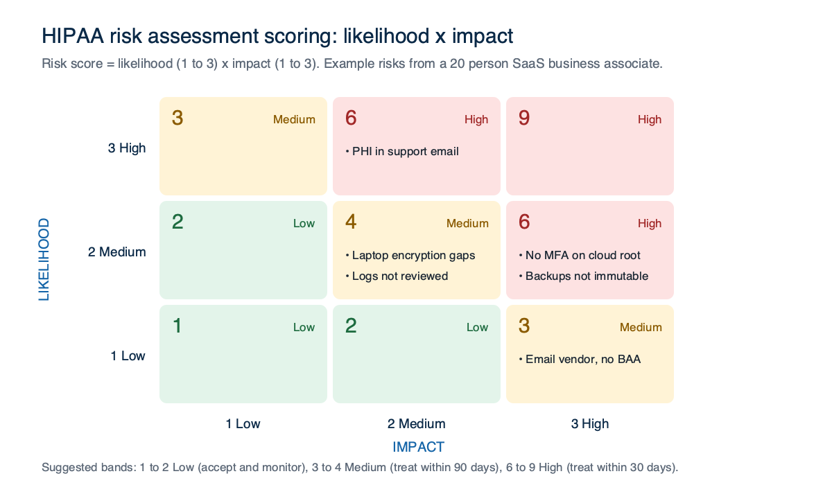 Three by three HIPAA risk assessment matrix of likelihood against impact, scored 1 to 9 with Low, Medium and High bands, plotting six example risks: no MFA on the cloud root account and non-immutable backups at score 6, PHI in support email at 6, laptop encryption gaps and unreviewed logs at 4, and an email vendor without a BAA at 3