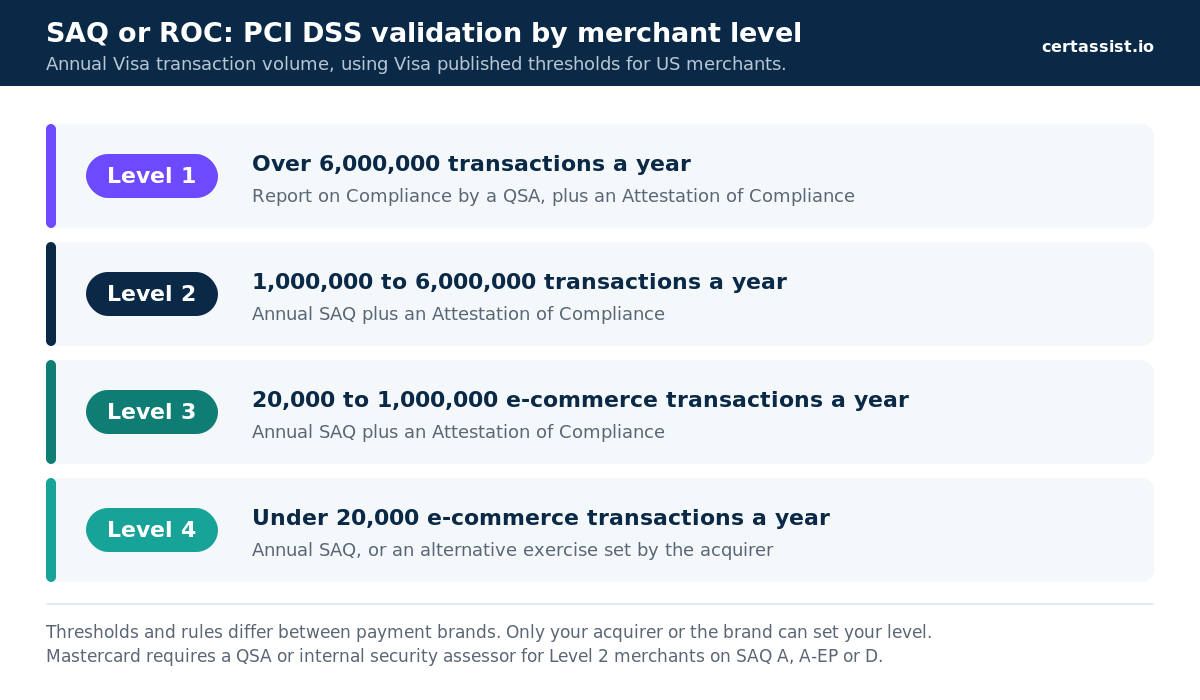 Chart of PCI DSS validation by merchant level using Visa published thresholds, showing Level 1 above 6 million annual transactions validating by Report on Compliance with a QSA, Level 2 at 1 to 6 million and Level 3 at 20,000 to 1 million e-commerce transactions validating by annual self-assessment questionnaire and attestation of compliance, and Level 4 under 20,000 e-commerce transactions validating by annual SAQ or an alternative exercise set by the acquirer