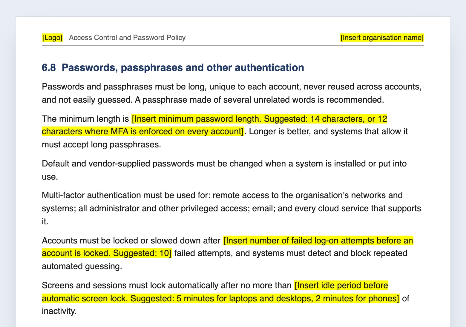 A page from the CertAssist Access Control and Password Policy template, with yellow highlighted placeholders that each suggest a default, such as a 14 character minimum password length