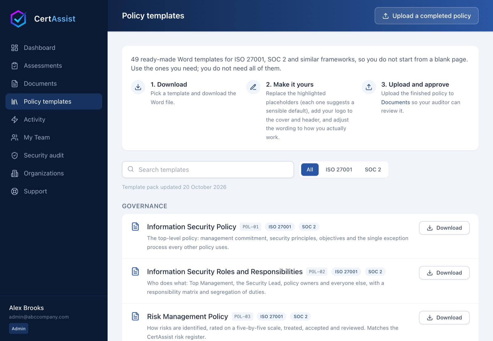 The CertAssist Policy templates page: 49 Word templates grouped by area, each tagged ISO 27001 or SOC 2, with a Download button